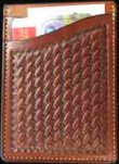Basket Weave Chestnut hand tooled credit card wallet with a very strong magnet money clip on the back. This wallet has 4 pockets for extra cars, money or business cards. Easily fits in shirt pocket or front pocket. 27/8