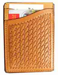 Enjoy this natural basket weave hand tooled wallet. We make these in our shop in Winnemucca, NV. We have them in stock and ready to ship. Could be customized for corporate gifts.